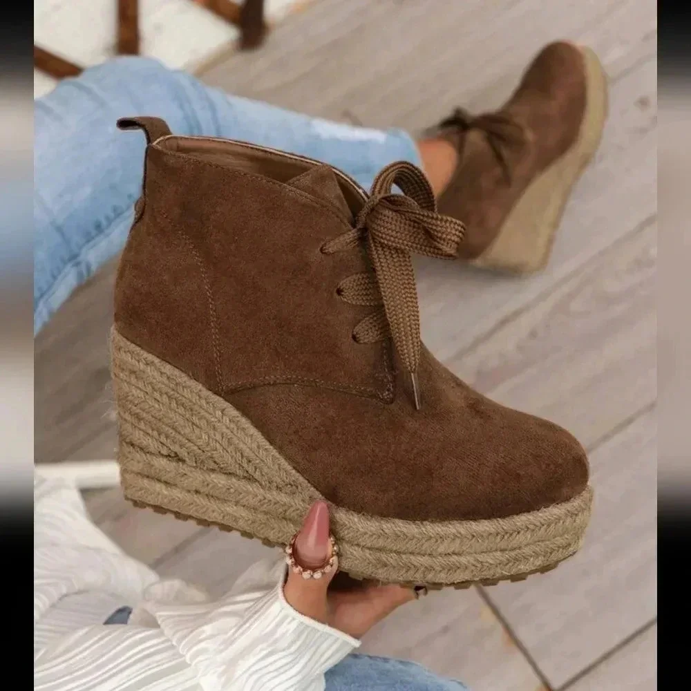 Women's Fashion Platform Boots With Solid Color Woven Shoelaces, All-Match And H - Picture 5 of 8